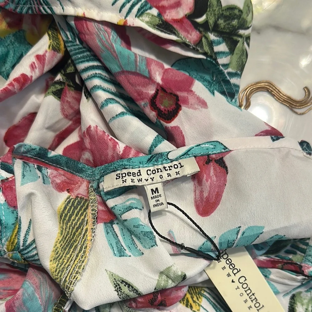 Speed Control High Low Dress with Pink and Green Floral Design - Picture 5 of 5